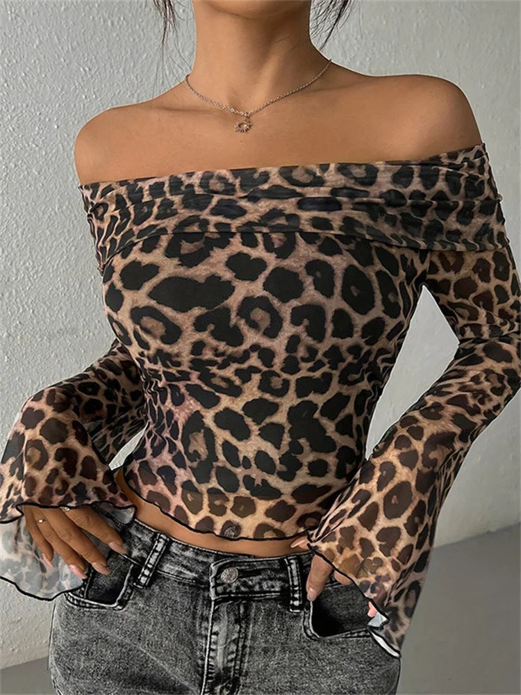 Saviig Leopard Mesh Off-Shoulder Crop Top - Y2K Style Slim Tee