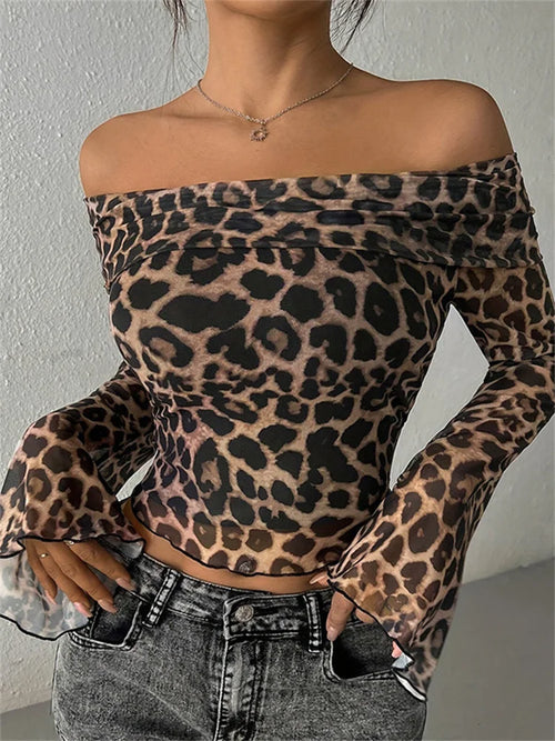 Saviig Leopard Mesh Off-Shoulder Crop Top - Y2K Style Slim Tee