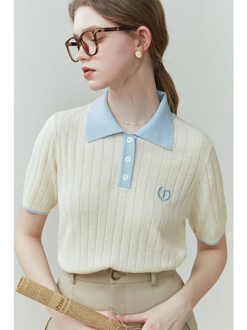 Saviig Women's College Color Matching Polo Collar Sweater