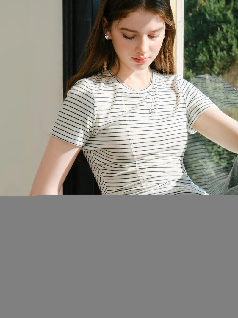 Saviig Women's Wool Blend Striped T-Shirt with Irregular Hem