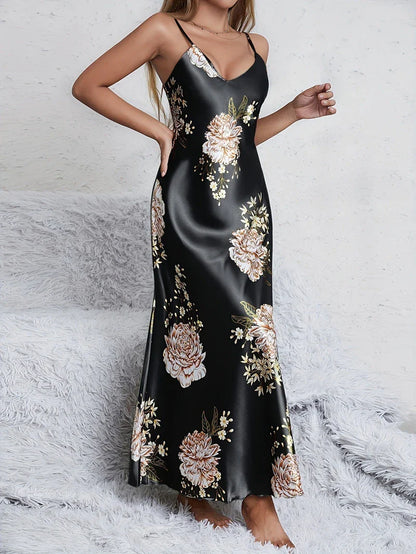 Saviig Silky V-Neck Floral Print Nightgown Sleep Dress for Women