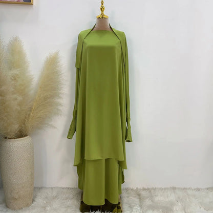 Saviig Satin Jilbab Set, Smocked Abaya, Khimar, Side Pocket Skirt