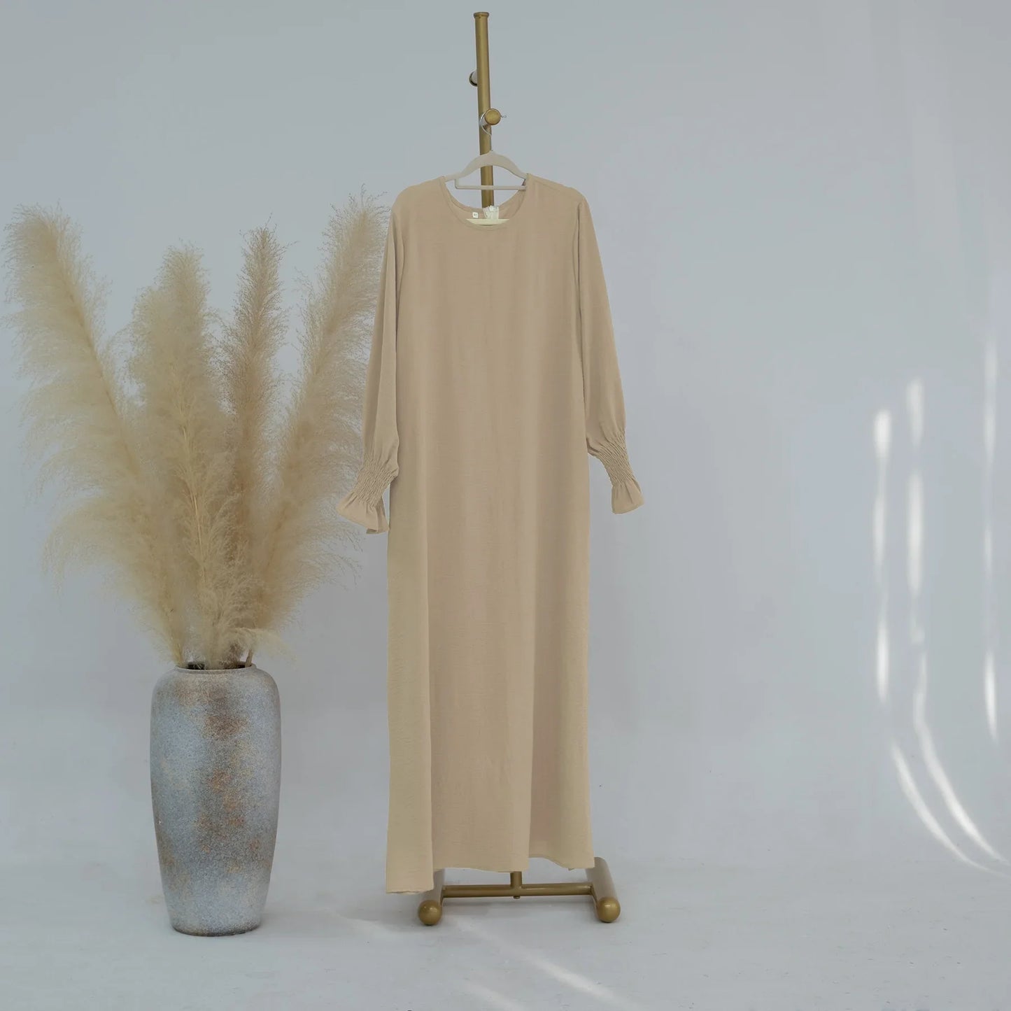 Saviig Abaya Inner Long Dress with Smocked Cuffs - Modest Muslim Woman Casual Robe