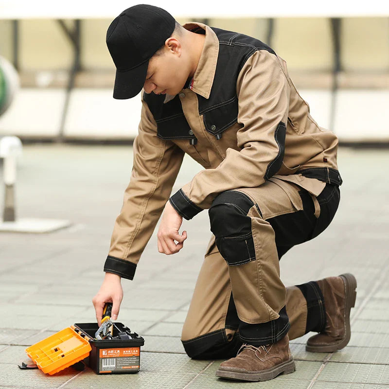 Saviig Cotton Khaki Work Jacket & Trousers: Multi-pocket, Wear-Resistant, Men's Workwear
