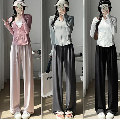 Saviig 2025 Women's Ice Silk Wide Leg Pants - High Waist Casual Sporty Summer Trousers