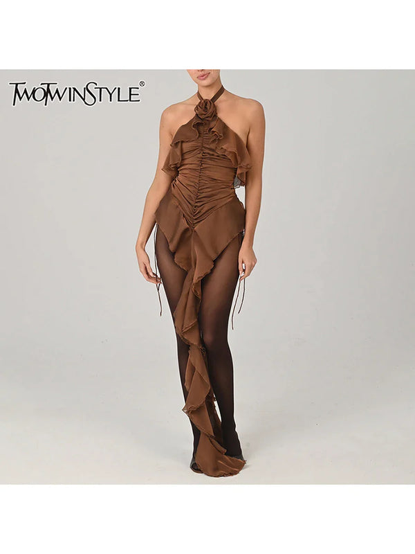 Saviig Halter Applique Slimming Dress - Sleeveless High Waist Folds