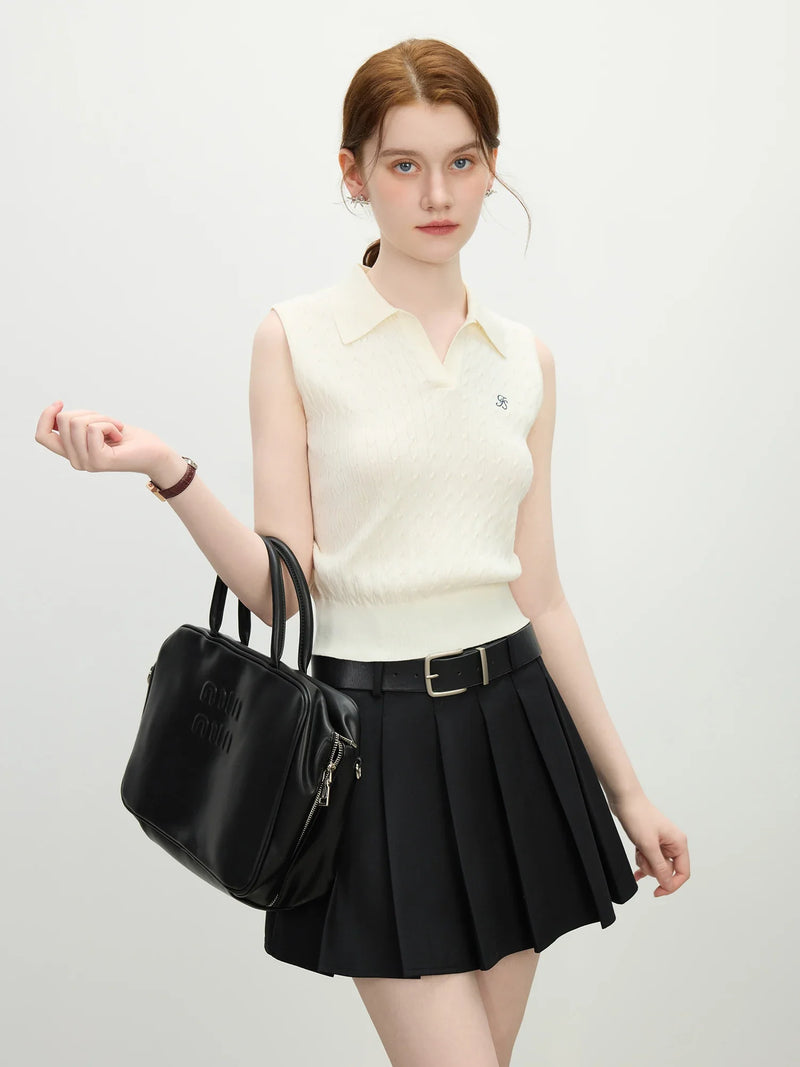 Saviig Cable Knit Sleeveless Vest with Polo Collar Embroidery
