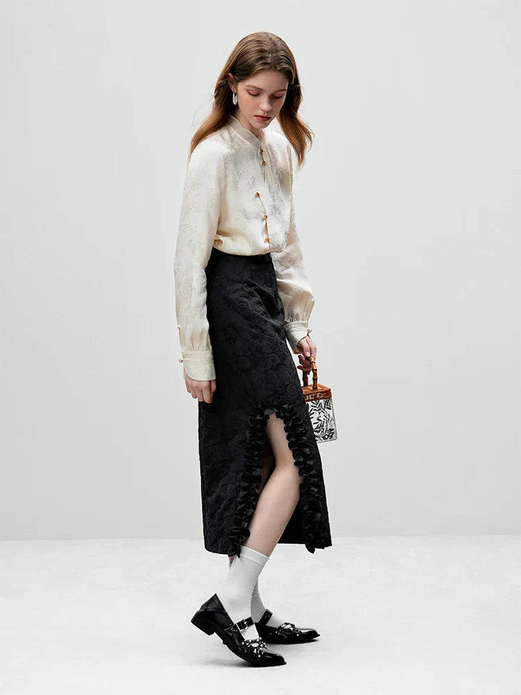 Saviig Jacquard Stand Collar Blouse - Women's Chinese Style Top
