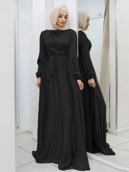 Saviig Lace-Up Satin Maxi Dress with Long Sleeves for Women Muslim Abaya