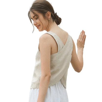 Saviig Linen Cross Back Tank Top Solid Patchwork Summer Haut Femme