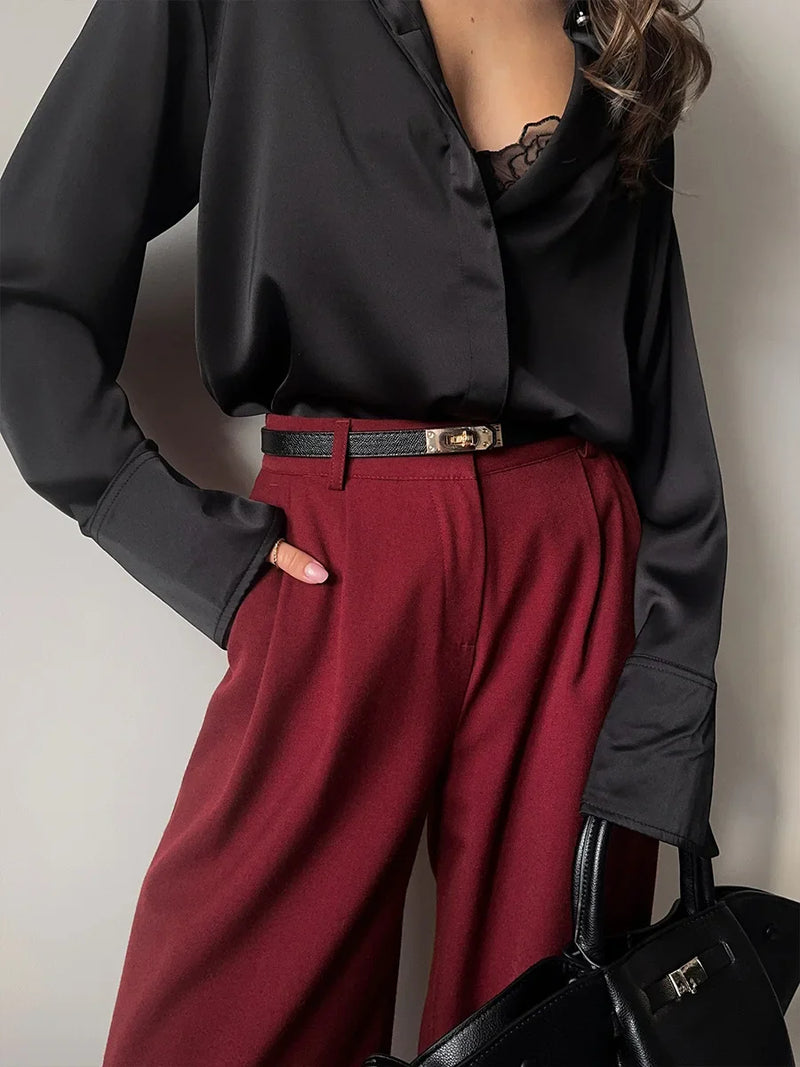 Saviig Burgundy Wide Leg Pants High Waisted Pleated Trousers