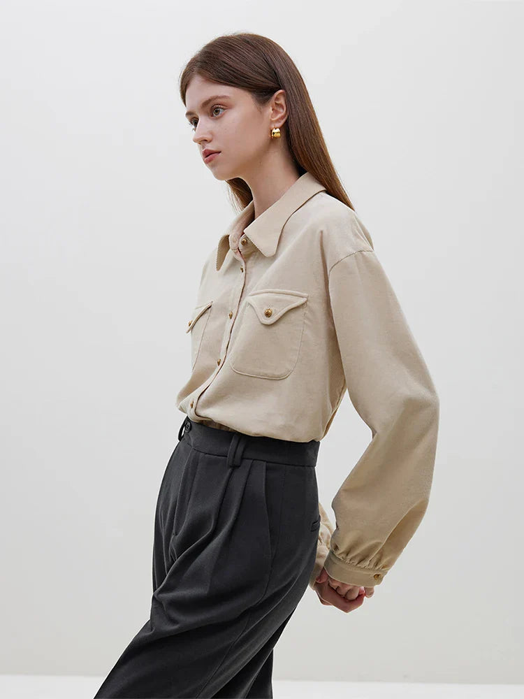 Saviig Corduroy Shirt: French Art Design Solid Long Sleeve Women's Shirt