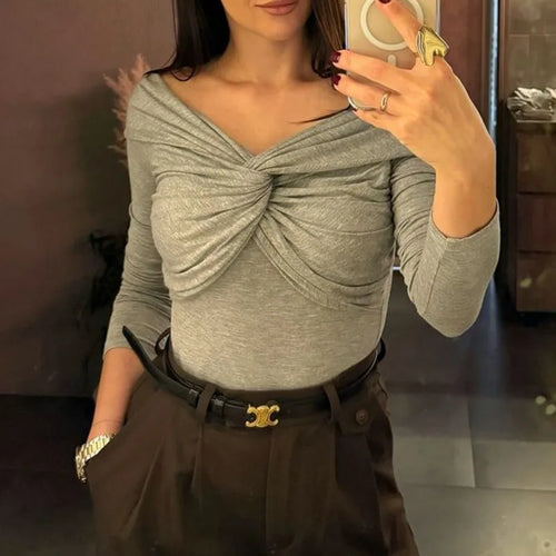 Saviig High Waist Off Shoulder Twist Top Slim Long Sleeve T-Shirt