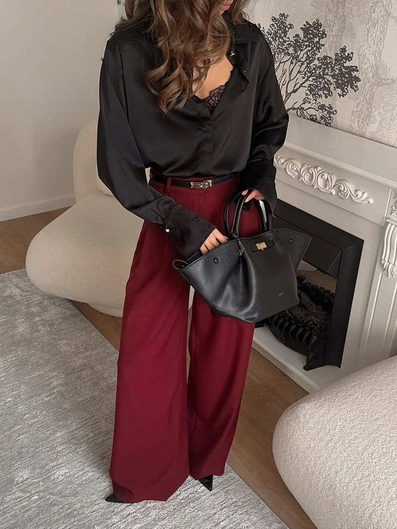 Saviig Burgundy Wide Leg Pants High Waisted Pleated Trousers