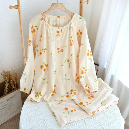 Saviig Cotton Crepe Floral Pajama Set - Pullover Top, Long Pants - Women's Spring & Autumn Fashion