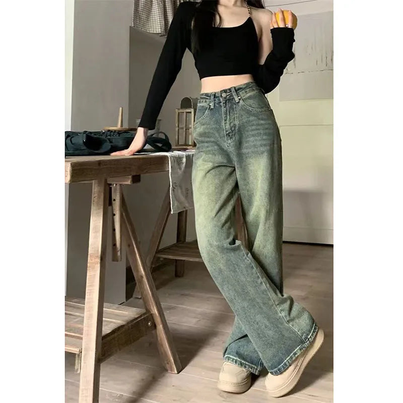 Saviig Vintage High-Waisted Distressed Denim Jeans Wide Leg Cowboy Pants