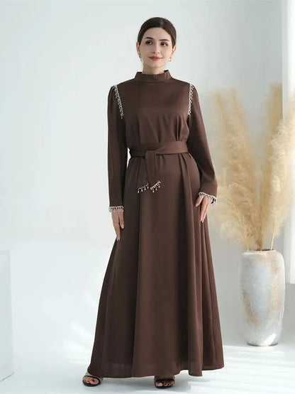 Saviig Ramadan Satin Diamond Abaya Dress for Muslim Women