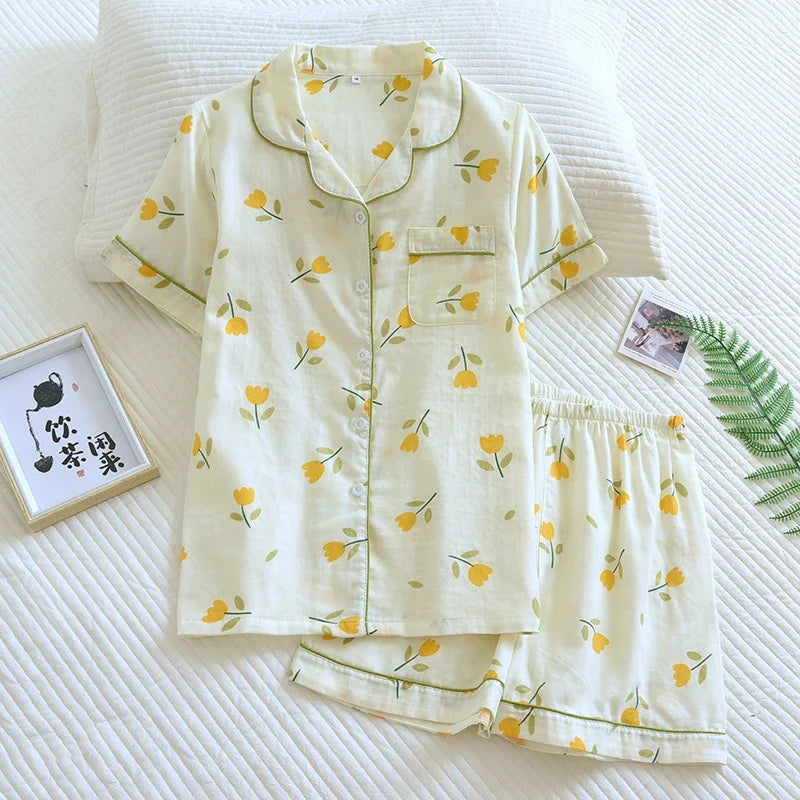 Saviig Rabbit Flower Print Pajama Set Short Sleeve Top Elastic Shorts