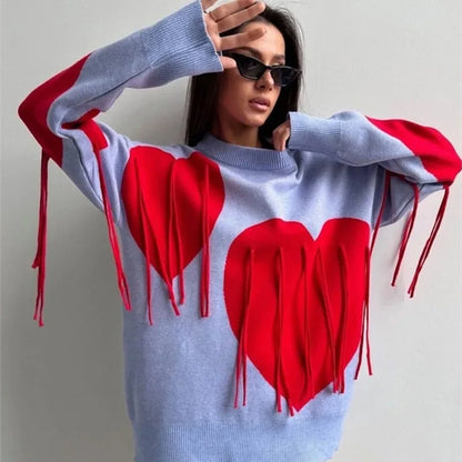 Saviig Heart Print O-Neck Sweater: Women's Casual Knit Pullover with Tassels