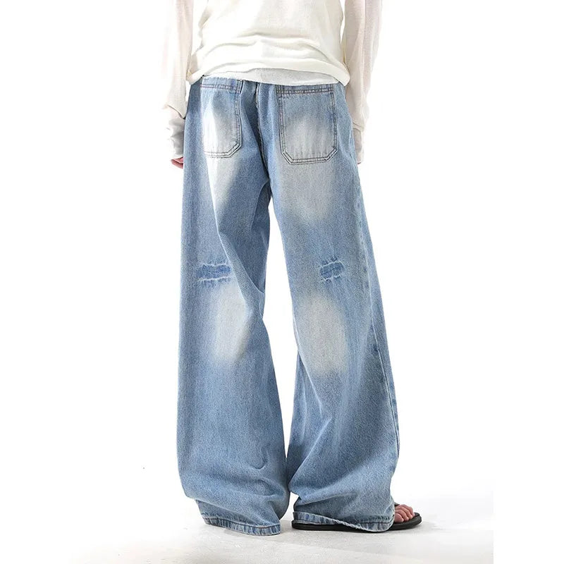 Saviig Vintage Straight High Waist Blue Jeans Wide Leg Pants Denim Trouser