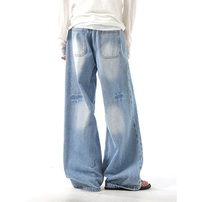 Saviig Vintage Straight High Waist Blue Jeans Wide Leg Pants Denim Trouser