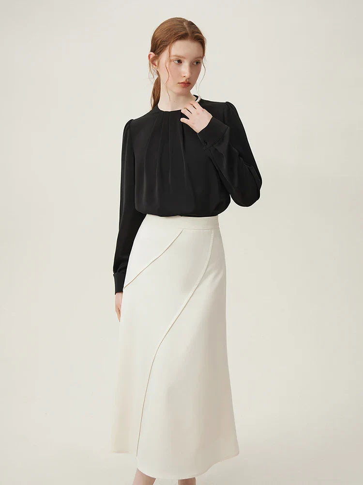 Saviig French Pearl Shirt: Round Neck Puff Sleeve Office Lady Spring Blouse