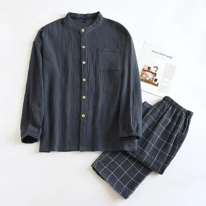 Saviig 100% Cotton Japanese Style Couple Sleepwear Set in Long-Sleeved