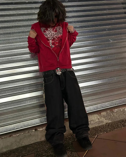 Saviig Harajuku Fashion Letter Embroidery Oversized Baggy Jeans Men Retro Gothic Trousers