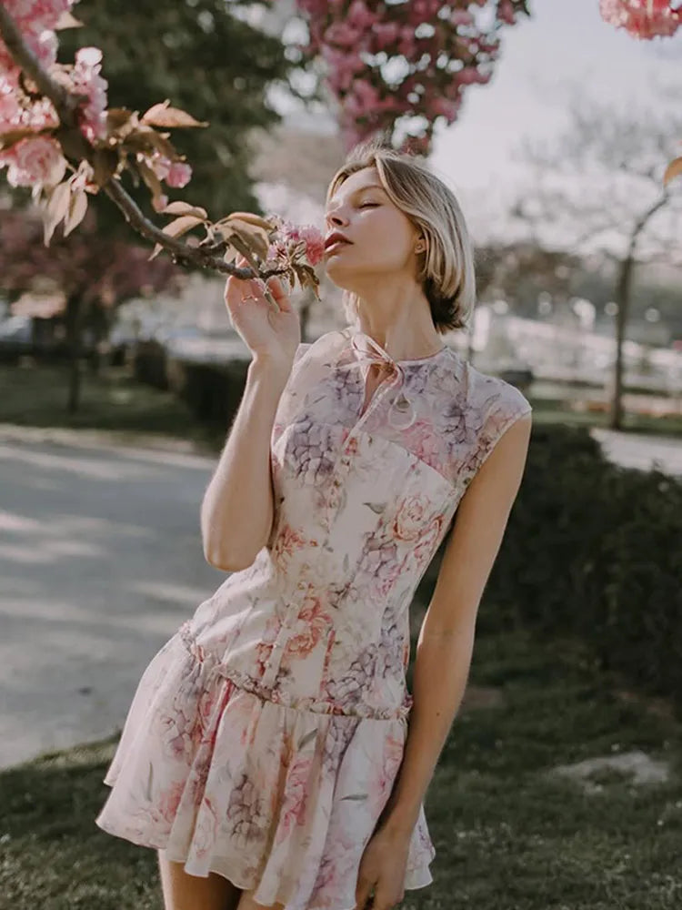 Saviig Blue Printed Sleeveless Mini Dress with Elegant A-line Design