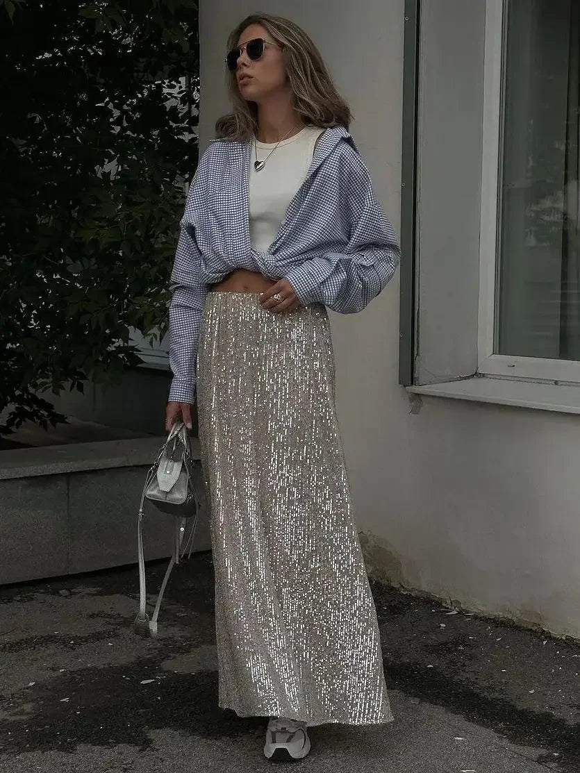 Saviig Silk Sequins Dropped Waist Long Skirt - Elegant Streetwear Fashion
