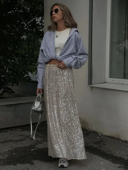 Saviig Silk Sequins Dropped Waist Long Skirt - Elegant Streetwear Fashion