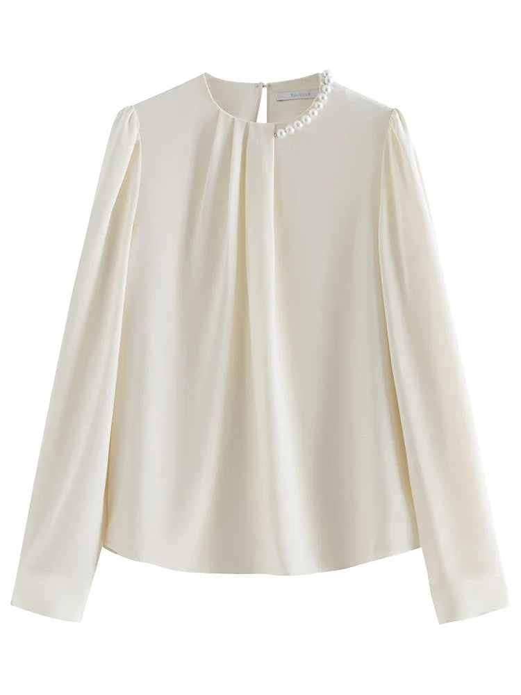 Saviig French Pearl Shirt: Round Neck Puff Sleeve Office Lady Spring Blouse
