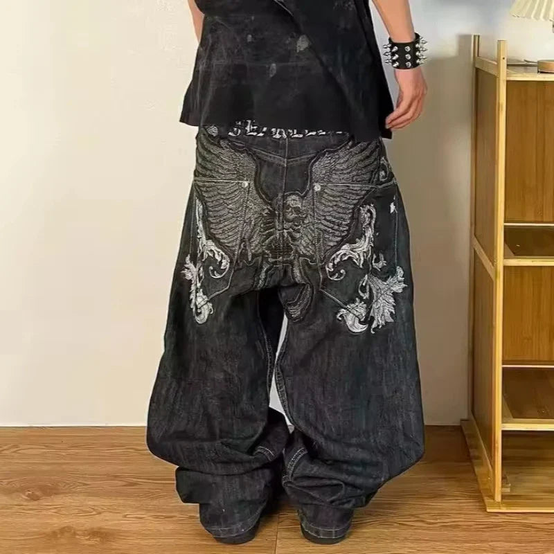 Saviig Vintage Oversized Letter Embroidery High Waist Wide Leg Jeans Harajuku Hip Hop