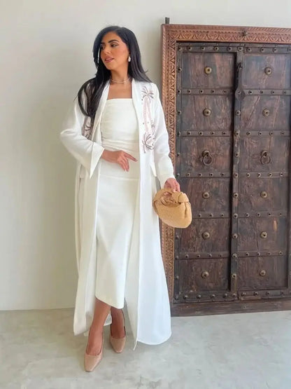 Saviig Luxury White Muslim Eid Kebaya Kaftan Abaya Modest Kimono Robe for Women