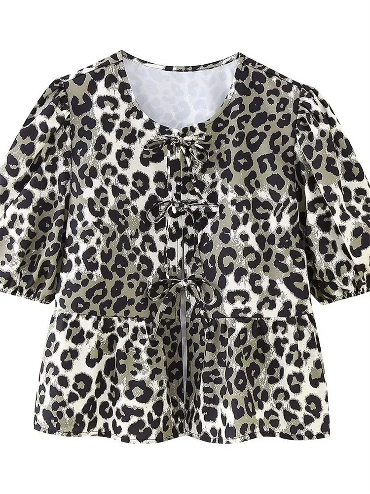 Saviig Leopard Print Contrast Lace-Up Slim Bandage Shirt