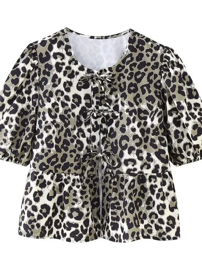 Saviig Leopard Print Contrast Lace-Up Slim Bandage Shirt