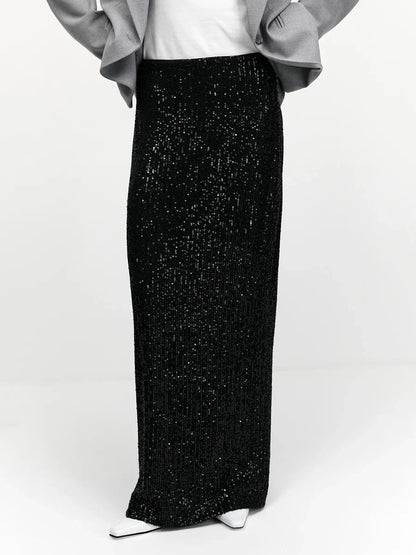 Saviig Silk Sequins Dropped Waist Long Skirt - Elegant Streetwear Fashion