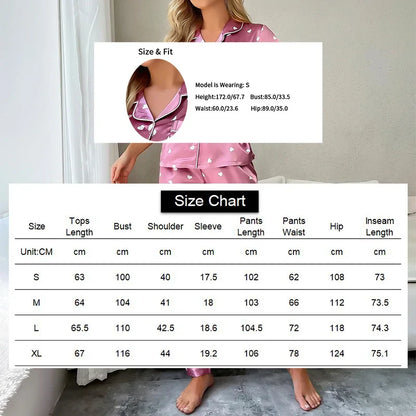 Saviig Heart Print Satin Pajama Set - Short Sleeve Top & Pants Pyjamas