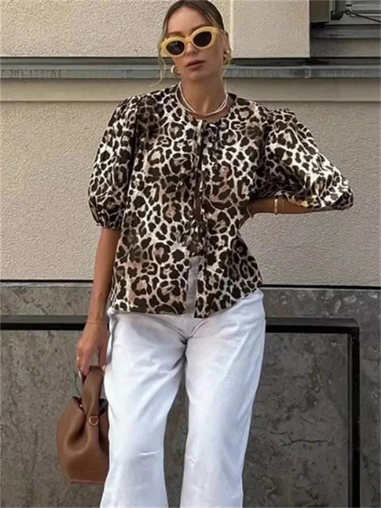 Saviig Leopard Print Contrast Lace-Up Slim Bandage Shirt