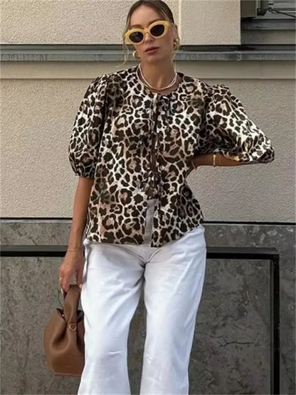 Saviig Leopard Print Contrast Lace-Up Slim Bandage Shirt