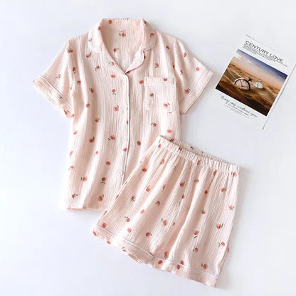 Saviig 2025 Summer Short-sleeve Pajama Set in 100% Cotton Crepe Fabric