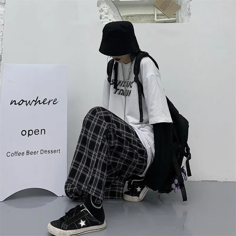 Saviig Black Plaid Hip Hop Wide Leg Pants Harajuku Style Oversize Trousers