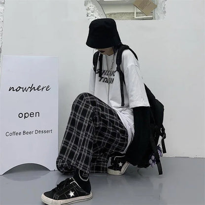 Saviig Black Plaid Hip Hop Wide Leg Pants Harajuku Style Oversize Trousers