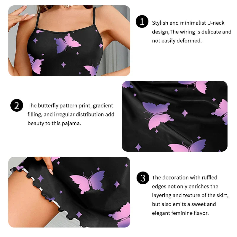 Saviig Butterfly & Letter Print Nightgown - Lettuce Trim Round Neck Slip Dress
