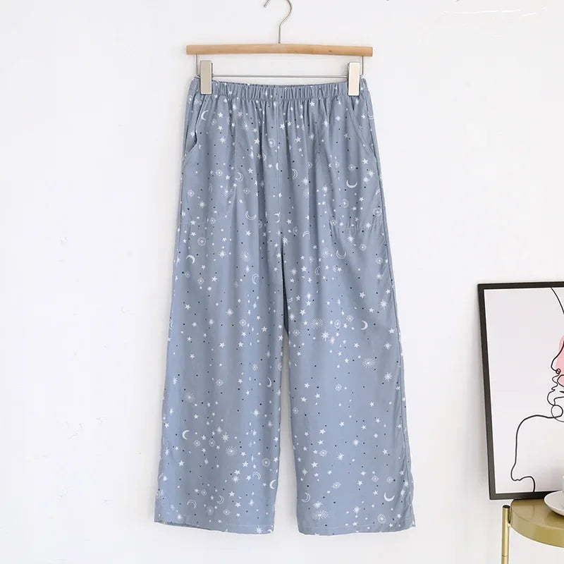 Saviig Summer Viscose Wide Leg Pajama Cropped Pants Plus Size