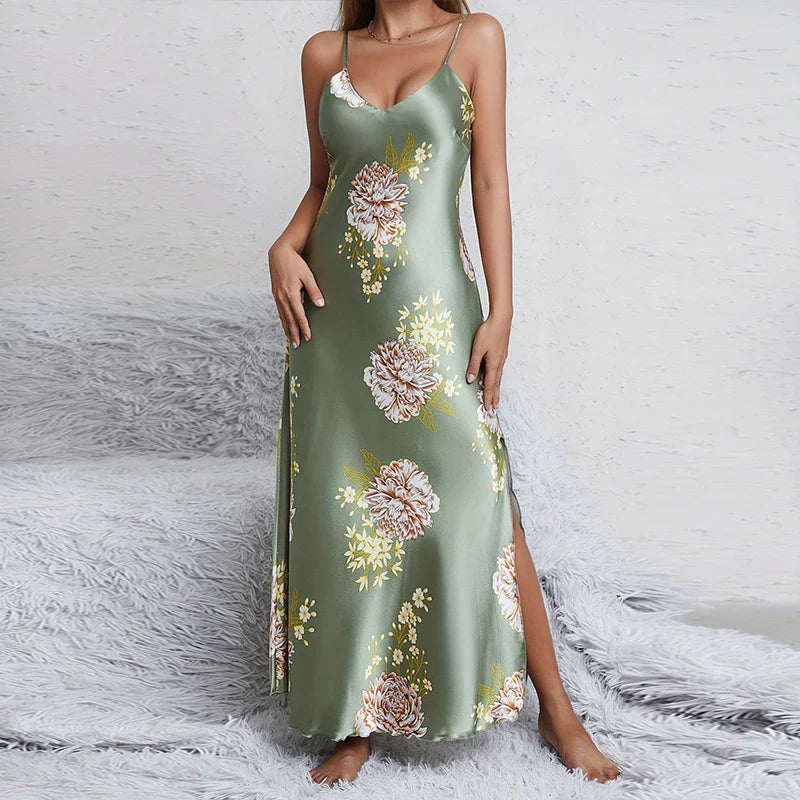 Saviig Silky V-Neck Floral Print Nightgown Sleep Dress for Women