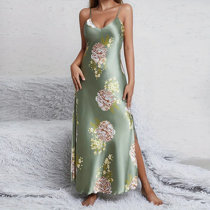Saviig Silky V-Neck Floral Print Nightgown Sleep Dress for Women
