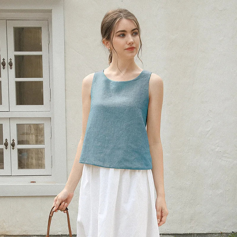 Saviig Linen Cross Back Tank Top Solid Patchwork Summer Haut Femme