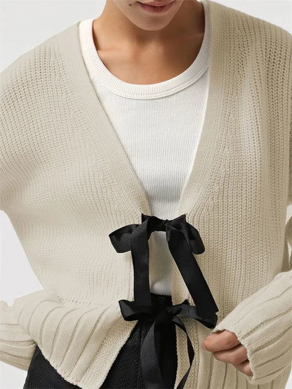 Saviig Ribbed Knit Lace-Up Sweater Cardigan for Women