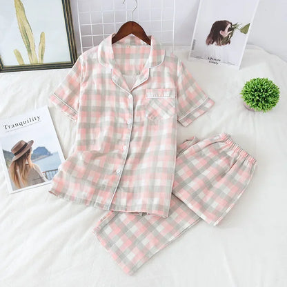 Saviig Cotton Gauze Women's Pajama Set: Short-Sleeve Top & Pants, Cute & Lightweight